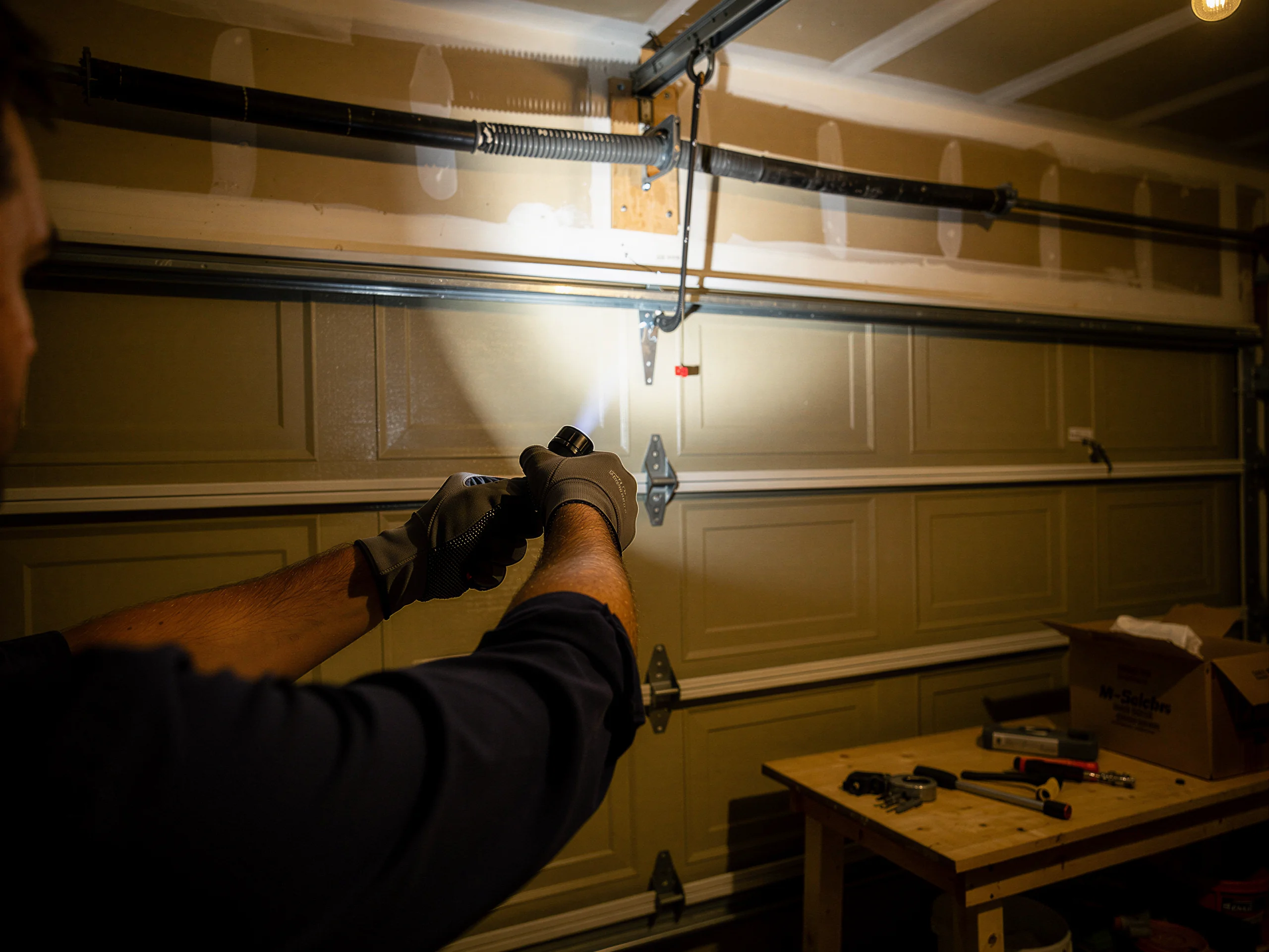 A technician with gloves shines a flashlight on a garage door and torsion spring.