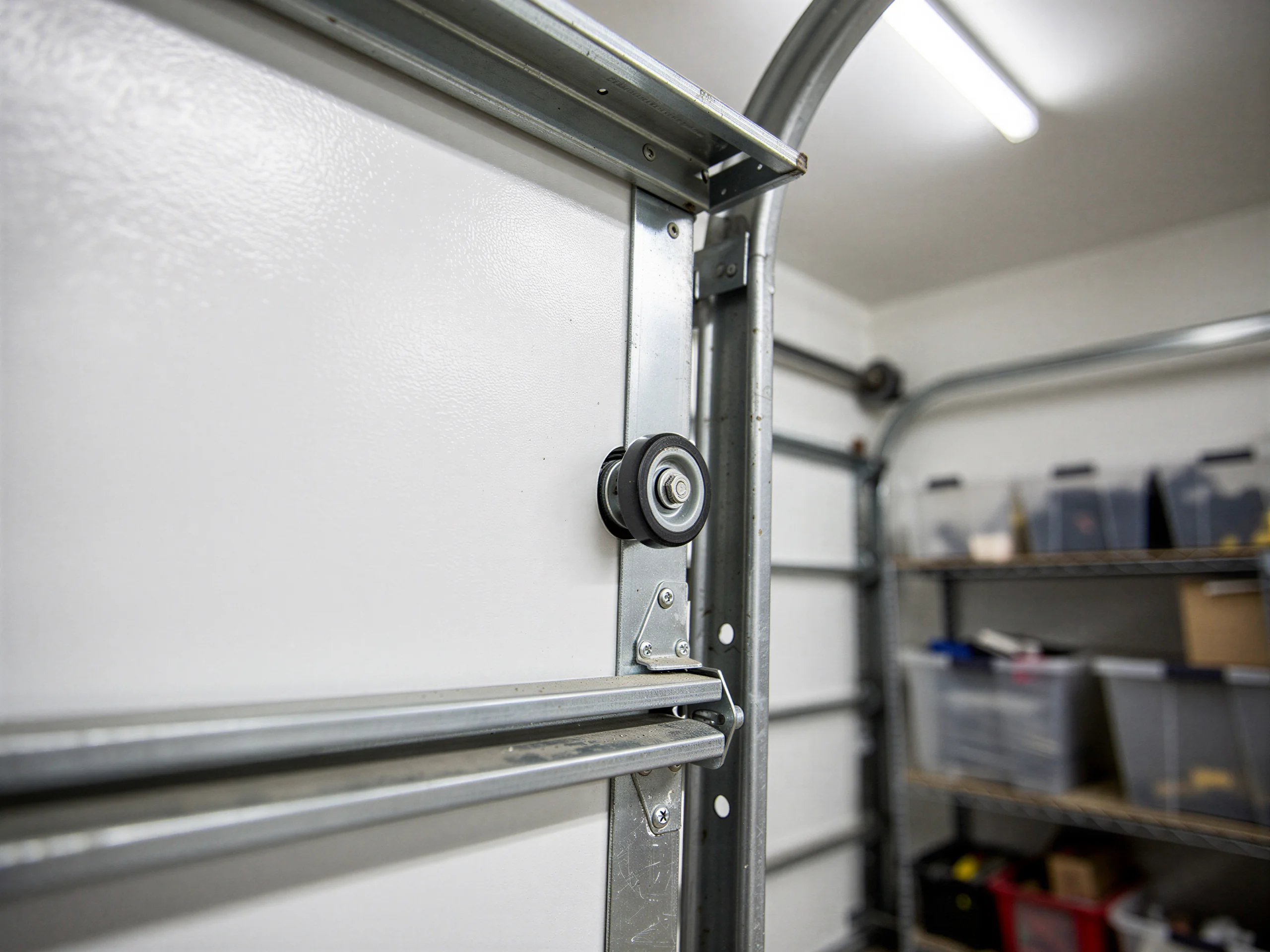 A garage door roller is attached to a white garage door panel.