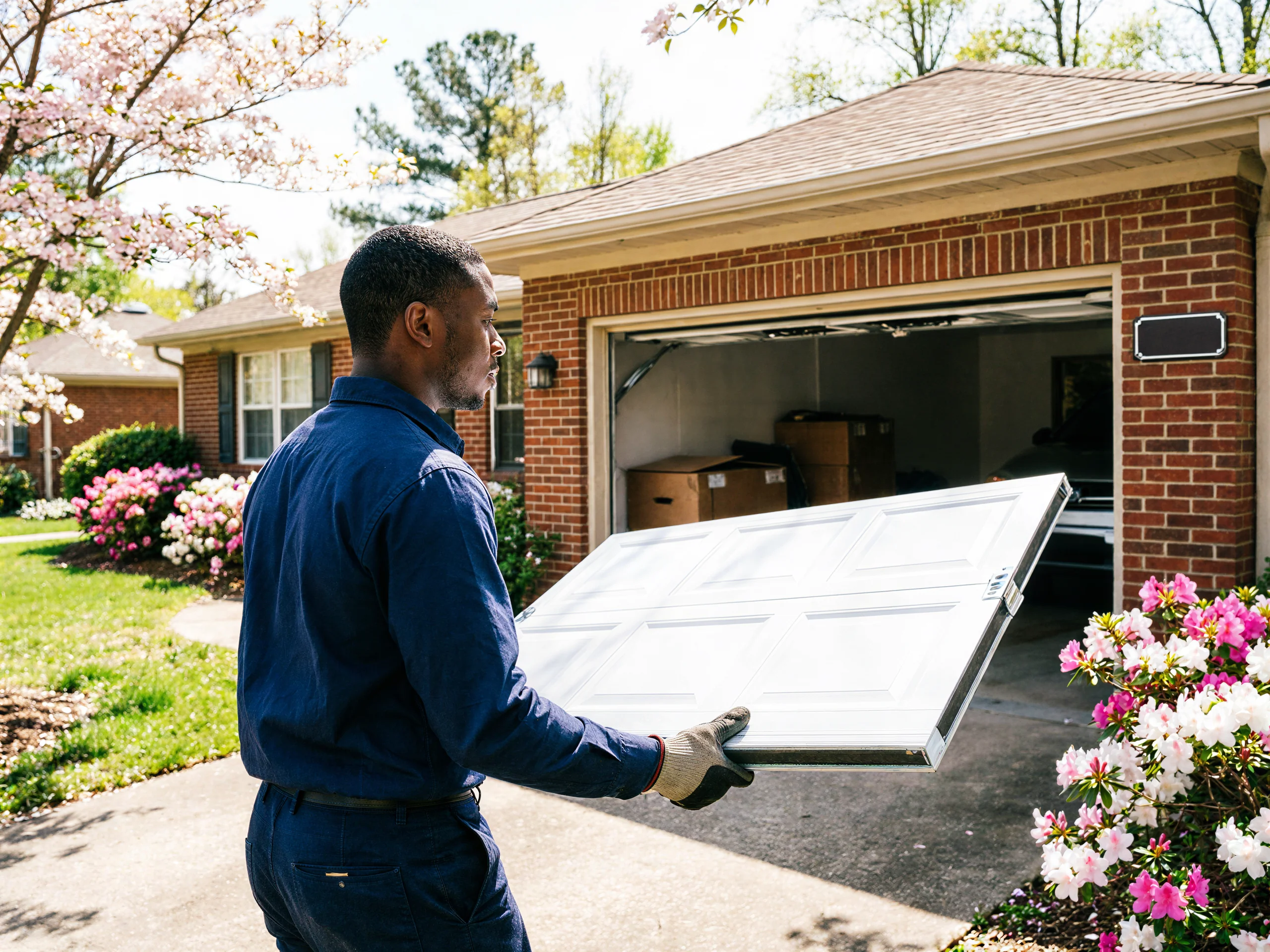 A technician carries a white garage door panel toward an open garage.